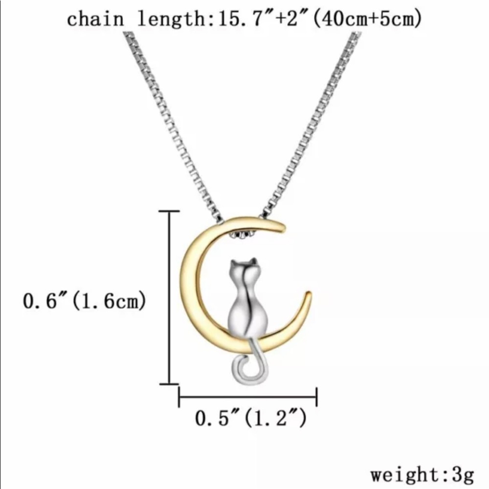 New Silver Gold Cat On Moon Necklace - Picture 3 of 3
